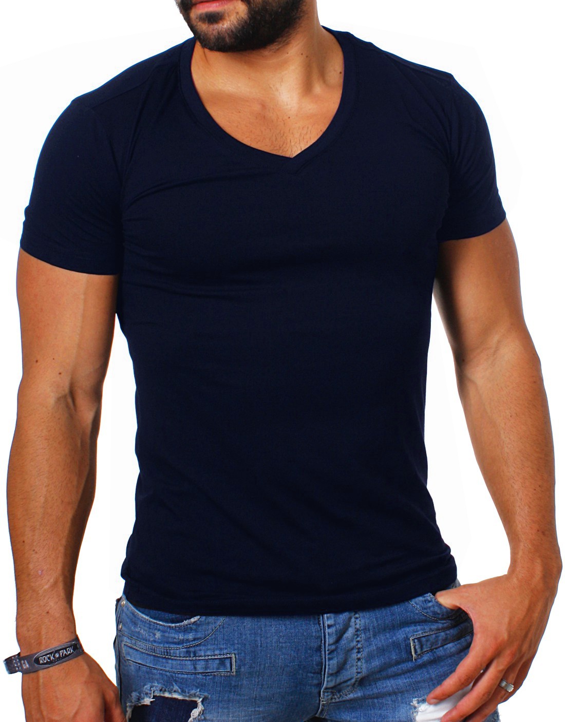 Young & Rich Herren Uni T-Shirt mit tiefem V-Ausschnitt deep v-neck ...