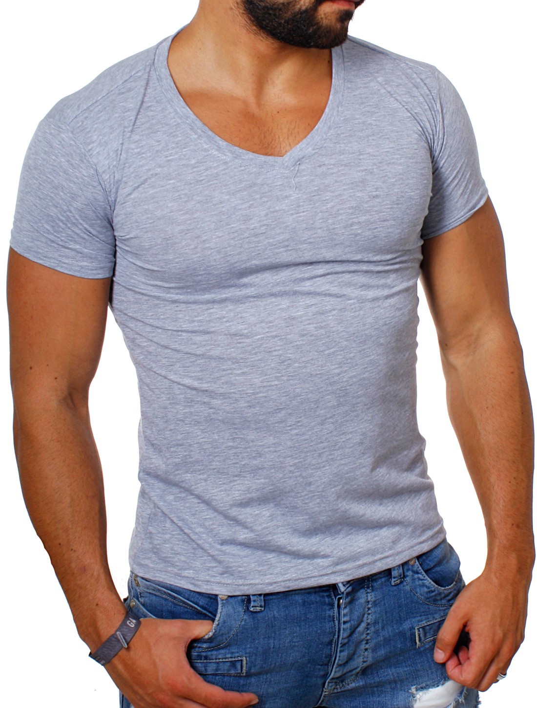 Young & Rich Herren Uni T-Shirt mit tiefem V-Ausschnitt deep v-neck ...